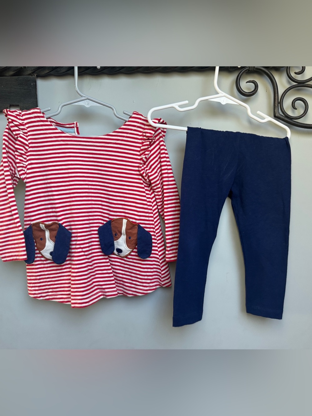 Boden 18-24 Girls Red & White Striped Top with Dog Pockets + Navy Leggings